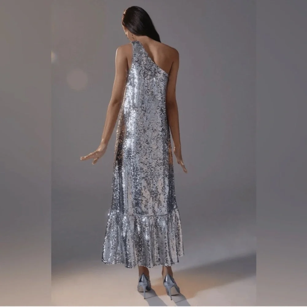Anthropologie Silver Sequin One-Shoulder Midi Dress - Picture 3 of 8